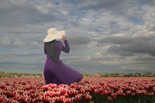 rear view of girl in purple dress with sunhat in field of tulips