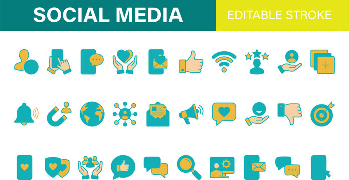 Editable social media icons set in teal and yellow