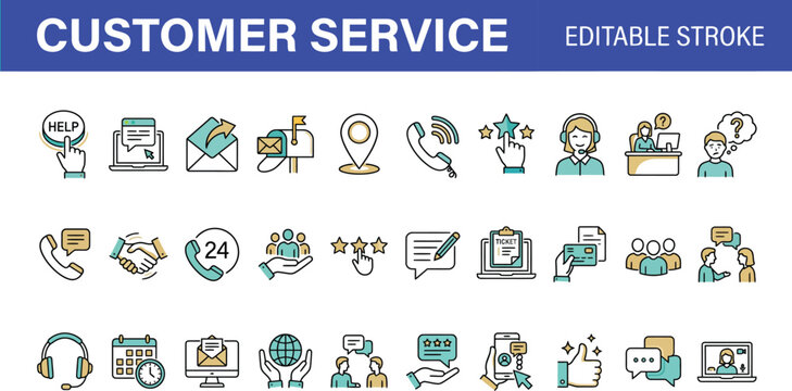 Customer service icons set editable stroke