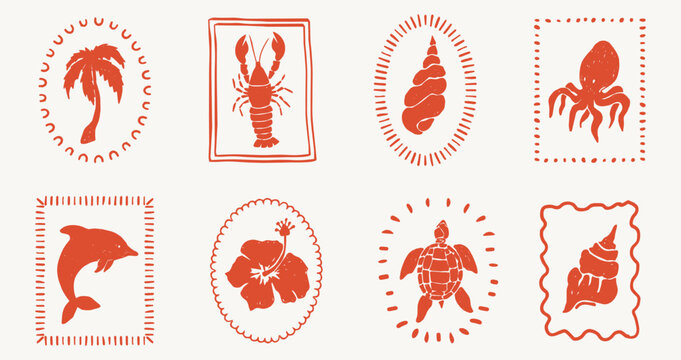 Vintage marine stamp silhouette. Linocut crab, seahorse and shrimp, seashell. Marine animals set in vintage nautical style. Underwater reef and ocean plants flora