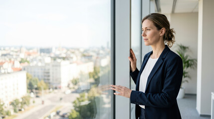 Fototapeta premium Businesswoman looking out of a high-rise office window. Professional woman contemplating strategy in a modern corporate building