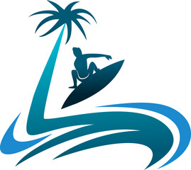 Stylized logo featuring a surfer riding a wave beside a palm tree, representing beach lifestyle, ocean adventure, tropical travel, and outdoor sports in a clean modern design. © hazel