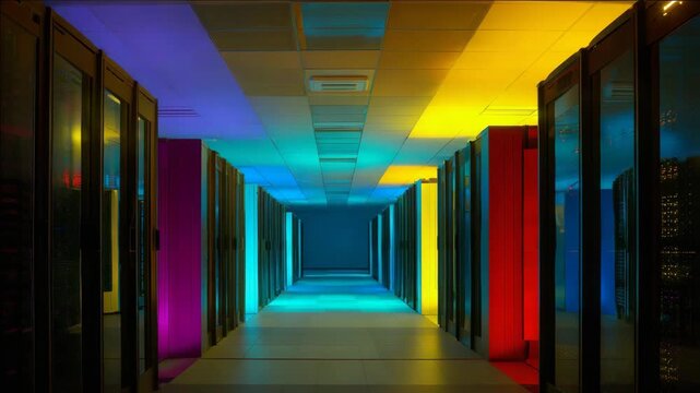 A modern server room featuring vibrant neon lighting in blue, green, and pink hues creating a striking contrast to the dark interior.