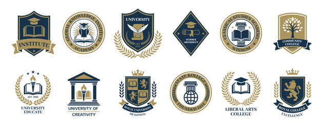 Naklejka premium University and college emblems with academic shields, badges and seals, premium education vector set featuring book, owl, torch, laurel wreath, crown and lion symbols