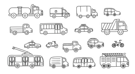 City transport doodle vector set with car, truck, van, bus, taxi, police car, trolleybus, ambulance, firetruck, bicycle and scooter, hand drawn urban vehicle outline icons © Tartila