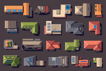 Naklejka premium Top view buildings and houses vector set with colorful rooftops, residential homes and urban architecture icons, overhead collection of property, warehouse and factory exteriors