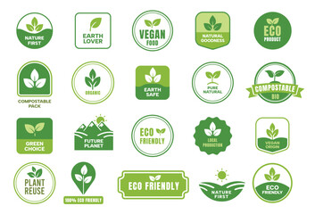 Obraz premium Eco labels and badges vector set with organic, vegan and compostable stickers, green natural product icons for sustainable packaging, local production and eco friendly branding