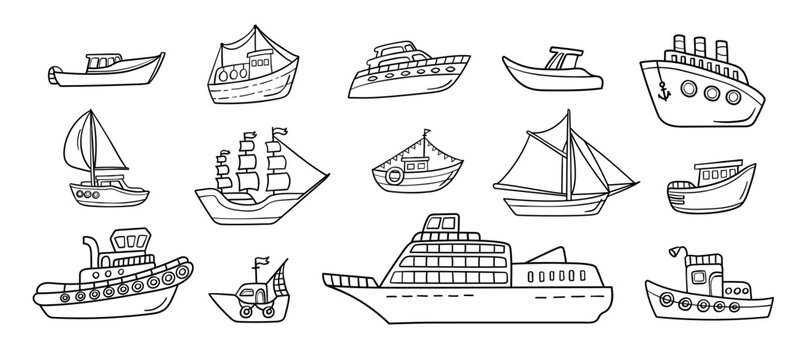 Ship vessel yacht boat sailboat doodle set with fishing trawler, ferry, cruise liner and tugboat, hand drawn marine transport collection for sea travel, navigation and maritime tourism