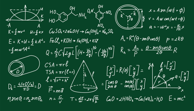 Blackboard with math and science formulas, chalk handwritten equations, geometry, chemistry and physics diagrams on green chalkboard, educational vector background for school