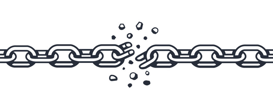 Broken chain links with snapping metal connection, monochrome vector illustration of rupture and freedom symbol, bold line design for tattoo, liberation, resilience or breakup concept