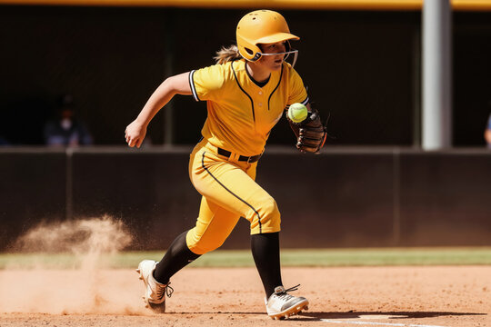 Young female softball player runs across field kicking up dirt. She wears yellow uniform, helmet and glove with ball. Game action captured from side.