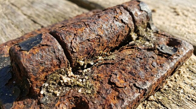 A weathered corroded cast iron hinge surface shows rusty details on old wood.