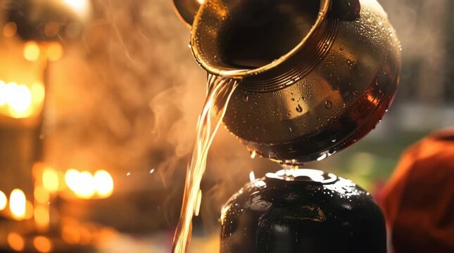 Pouring holy water from a brass pot onto a Shiva Lingam during a traditional Hindu Jalabhishek ceremony with warm temple lighting.