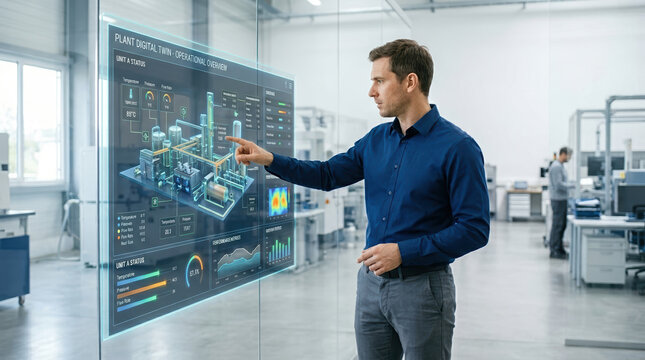 Engineer interacting with a plant digital twin display in a modern factory. Professional man monitoring industrial data on a transparent screen. Industry 4.0 and smart manufacturing technology
