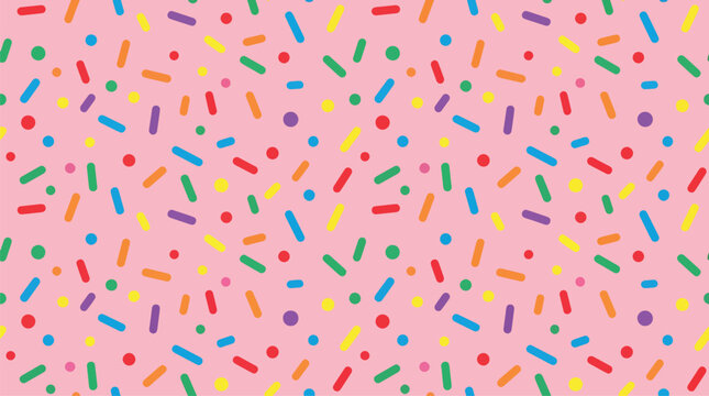 Seamless Vector Pattern of Multi-Colored Sugar Sprinkles and Rainbow Jimmies Uniformly Scattered on a Solid White Background, Featuring Vibrant Hues of Pink, Blue, Yellow, and Green.