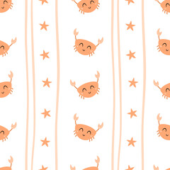 Ocean seamless pattern with cute crab and starfish. Cartoon sea animal print. Beach repeat background. Vector illustration. © JulzaArt