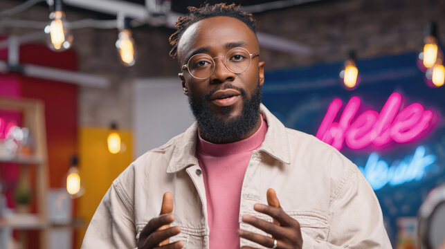 A bearded Black man in round glasses and beige jacket over pink shirt speaks expressively in a colorful studio with neon signage.