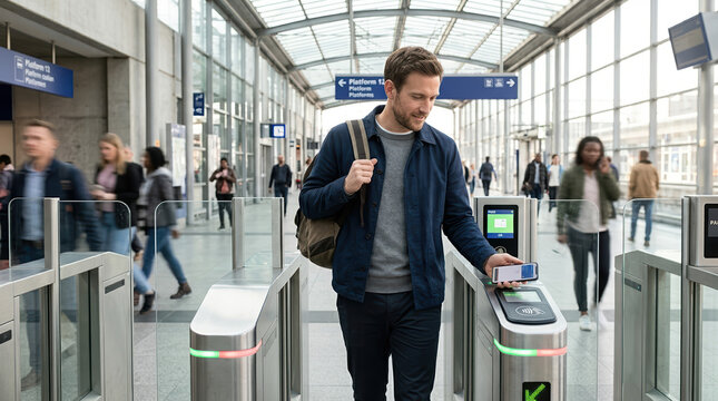 Man using smartphone for contactless payment at a train station gate. Commuter scanning mobile ticket at airport terminal entrance. Modern digital travel technology