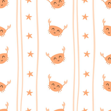 Ocean seamless pattern with cute crab and starfish. Cartoon sea animal print. Beach repeat background. Vector illustration.