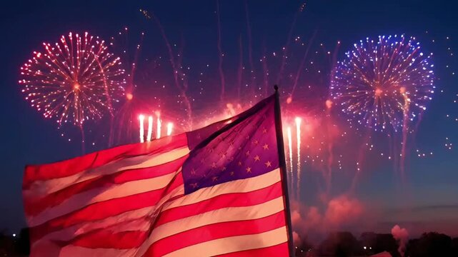 american flag waving against evening sky during grand fireworks display with number 250 celebrating the anniversary of the united states foundation