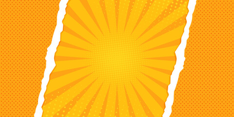 Orange pop art background decorated with color halftone, dots, rays and ripped paper. Vector illustration © Mariia