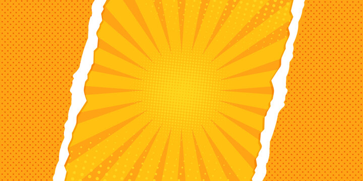 Orange pop art background decorated with color halftone, dots, rays and ripped paper. Vector illustration