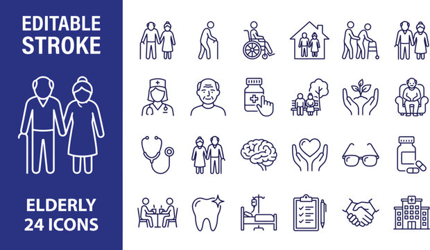 Elderly line icon set. Nursing home, hospital, medical, senior, care, love, help citizens. Editable stroke. Colored file vector illustration