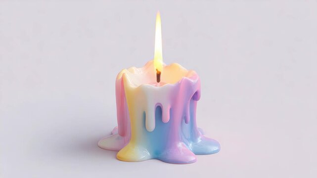 A colorful candle melting and showing off its rainbow hues.