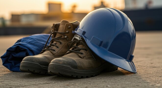 work boots with blue helmet and coverall resting on concrete surface outdoors