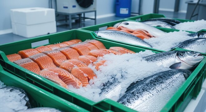 Salmon fillet and whole fish on ice in green crate at seafood processing plant