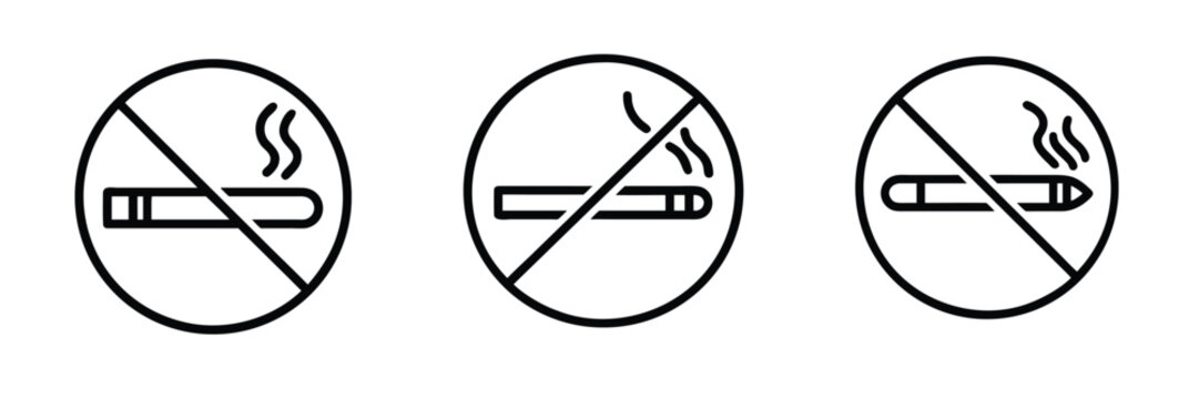 No smoking outline icons set prohibited cigarette smoke free zone warning public safety sign healthy air area ban & more vector illustration with editable stroke.