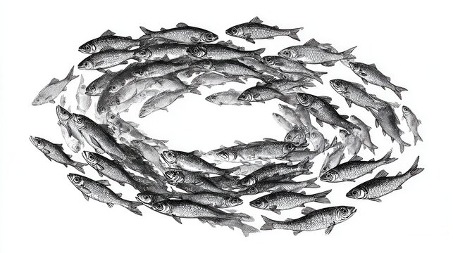 School of fish swimming in circular formation engraving sketch aquatic marine life pattern