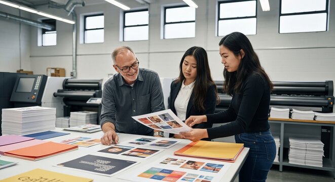 A Team of Creative Professionals Collaborating in an Office to Evaluate Print Samples and Designs