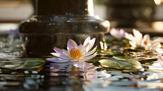 Hindu ritual of water pouring over Shiva Lingam in a serene lotus pond during golden hour at a temple