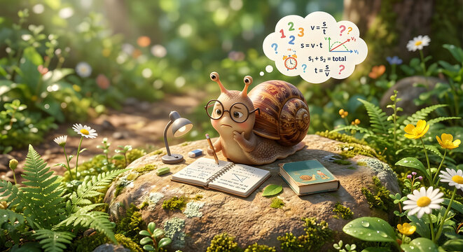 Funny snail character with a thought bubble of math formulas studying on a rock, 3D render.