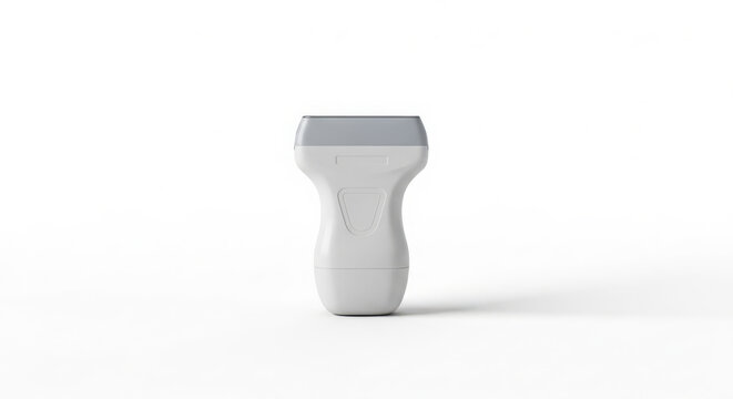 A sleek, modern white and grey ultrasound probe sits isolated on a clean white studio background for medical imaging.