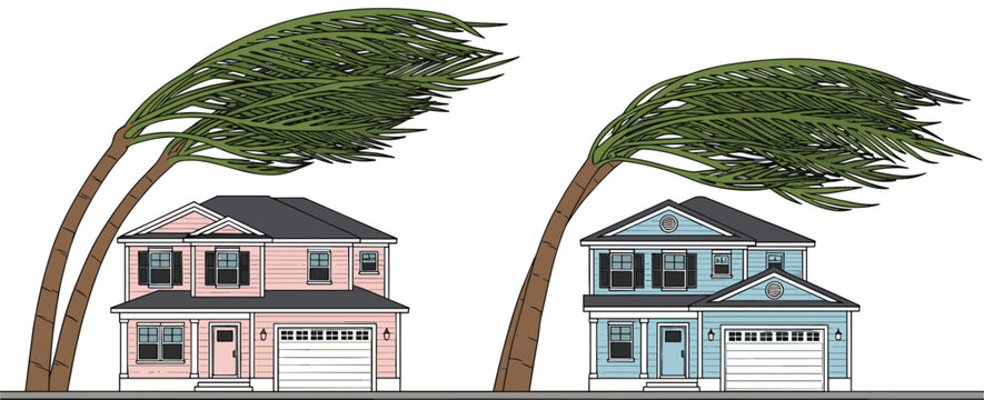 Strong wind bending trees near suburban houses storm weather impact and climate concept illustration