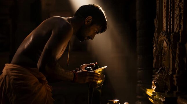 Hindu devotee performing Jalabhishek ritual by pouring holy water on a Shiva Lingam in a dark temple shrine with atmospheric dramatic lighting.