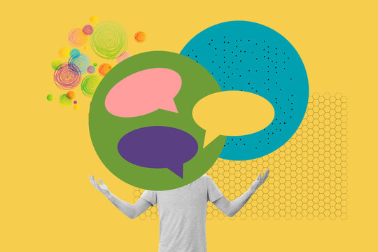 Collage of a man with open arms behind colored circles and speech bubbles on a yellow background