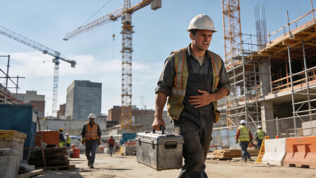 Sick construction worker holding stomach at industrial job site