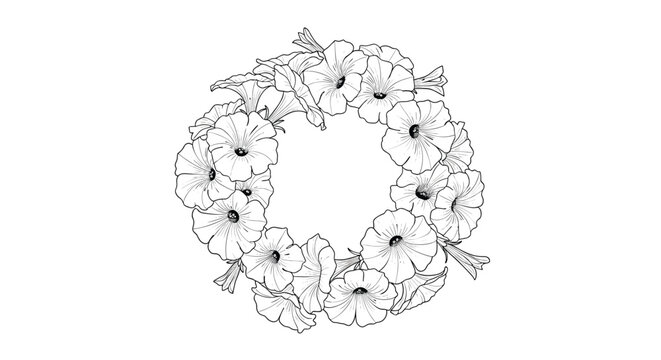 Beautiful floral wreath composed of detailed petunia blossoms in elegant black and white line art on a white background.
