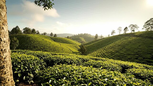 Lush tea plantation hills with prominent tree trunk in golden sunlight