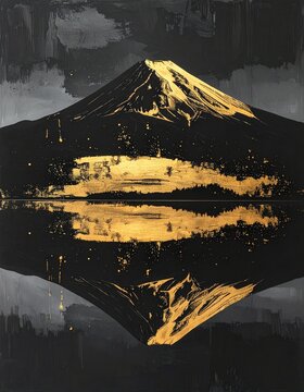 黒背景に金の逆さ富士 水面反射墨絵背景
