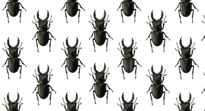 Detailed pattern of stag beetles showing their large mandibles and hard shells arranged in rows on a white background.
