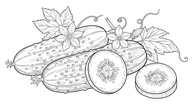 Botanical line art illustration of cucumbers with their vines, leaves, flowers, and sliced pieces for a garden scene.