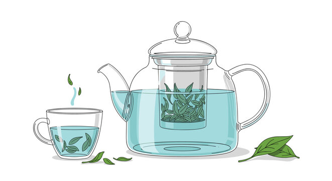 Illustration of a modern glass teapot and matching cup containing freshly brewed green tea with floating leaves.