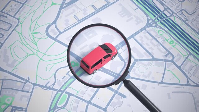 Van moving across a 2D map, tracked by a magnifying glass. 3D animation. Horizontal version.