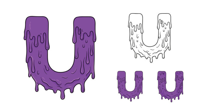 Set of letter u character designs featuring a dripping slime effect in vibrant purple color with various line art and fill styles.