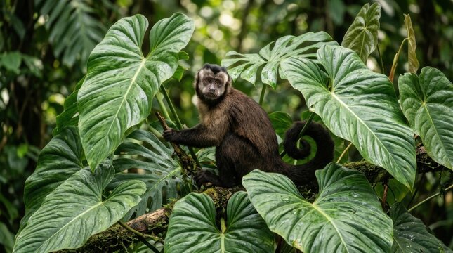 Capuchin monkey framed by huge glossy tropical leaves on mossy rainforest branch, curled tail, deep green canopy bokeh, and cinematic jungle wildlife portrait with natural detail and depth view