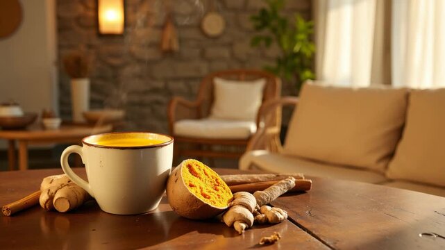 A wooden table topped with a mug of hot coffee, ginger root slices and spices, evoking comfort and warmth in an indoor setting.
